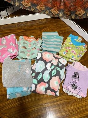 Girls Multi Pajama Set - Pink, Gray & Mint Accents 5 set, 1 fleece footsie,